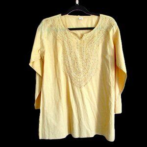 BEAUTIFUL Tunic SANCHI India Free Size 100% Cotton Yellow Sequins Long Sleeve